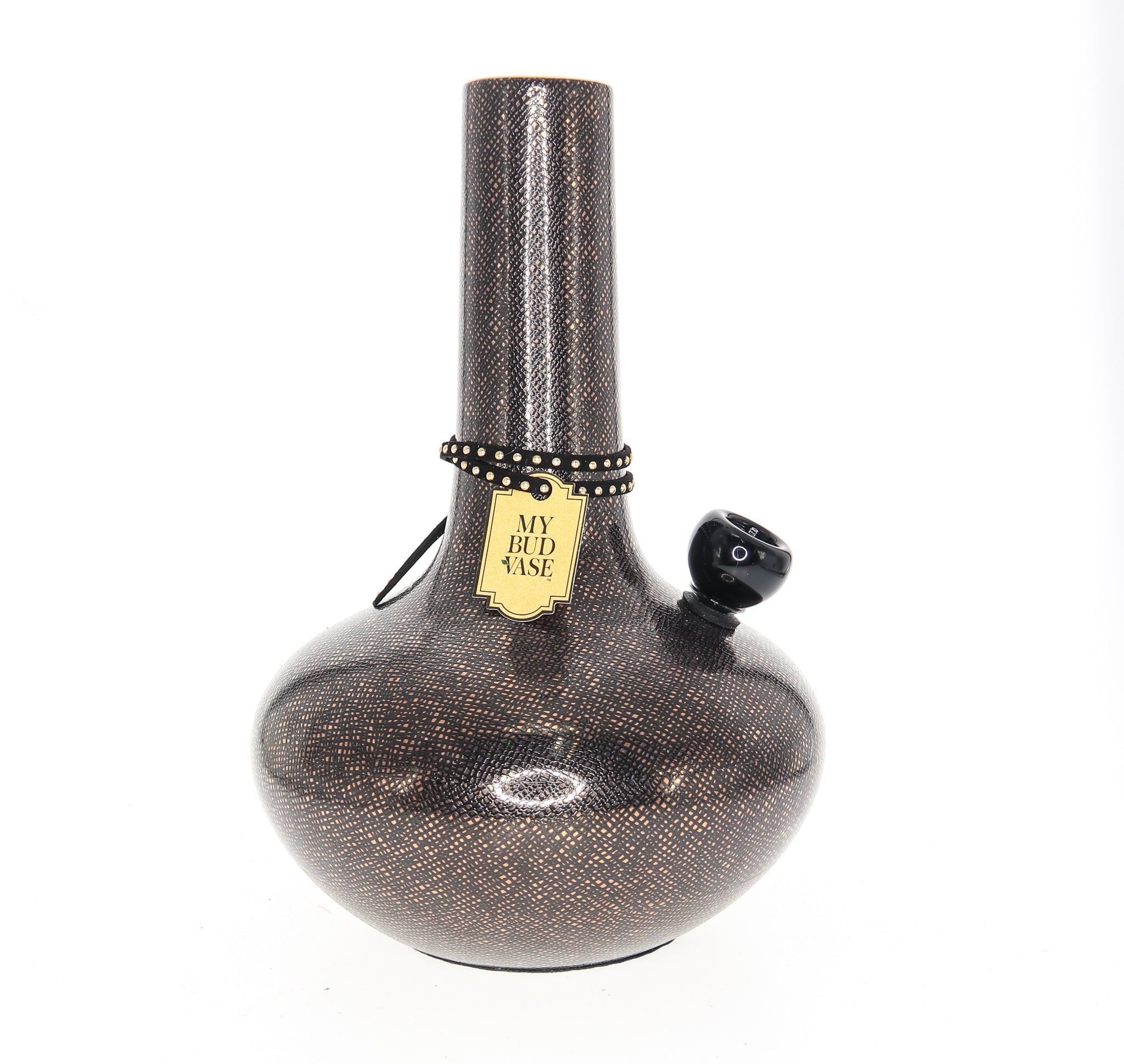 Front view of the “My Bud Vase Burmese” ornate water pipe, showcasing its unique patterned glass design.