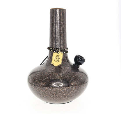 Front view of the “My Bud Vase Burmese” ornate water pipe, showcasing its unique patterned glass design.