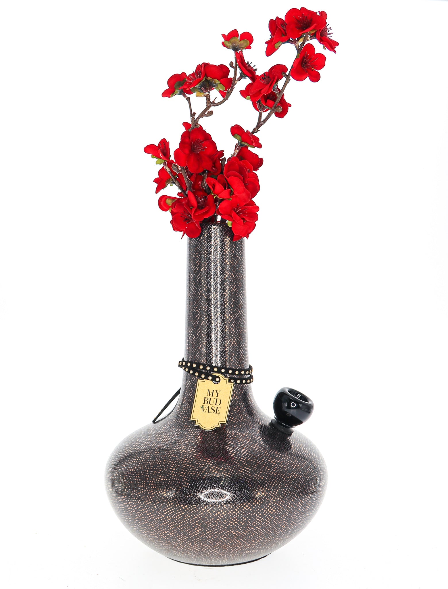 A front view of the ornate “My Bud Vase Burmese” water pipe, featuring a detailed, sculpted glass design.