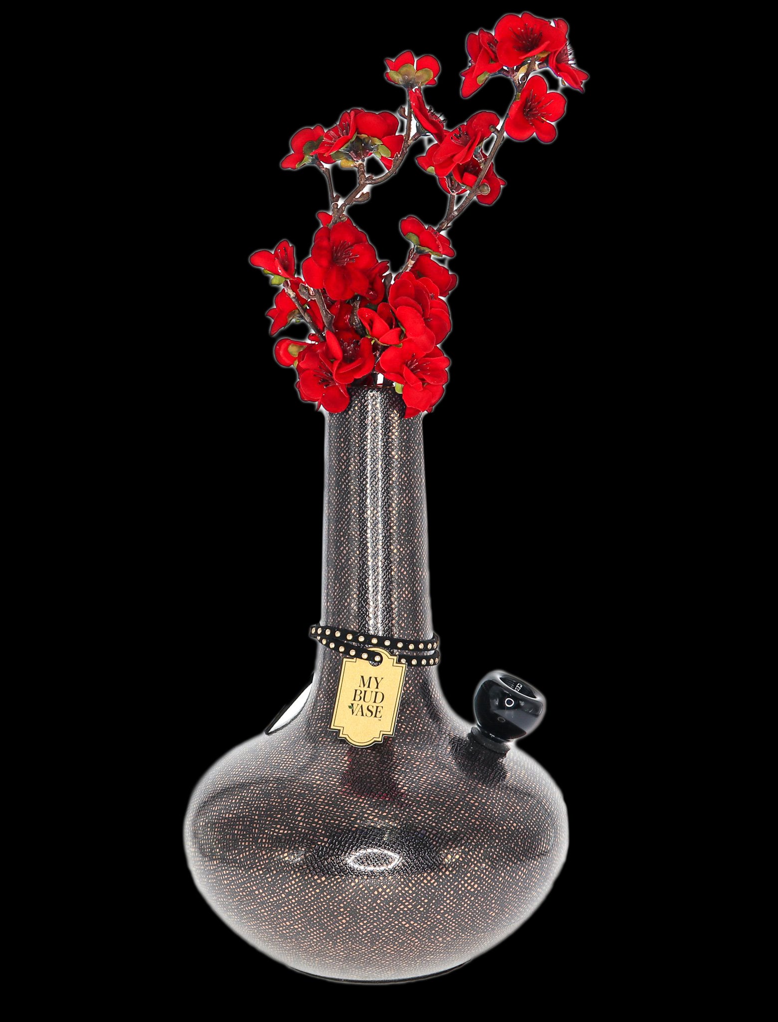 A patterned glass bong with artificial red flowers arranged in its neck, labeled "My Bud Vase."