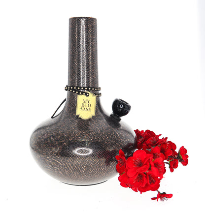 A close-up, front view of the My Bud Vase "Burmese" ornate water pipe, styled with a patterned design and vibrant red flower accents.