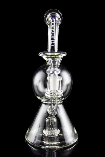 Clear glass water pipe (rig) with intricate perc filtration, branded "Pulsar" on the mouthpiece.