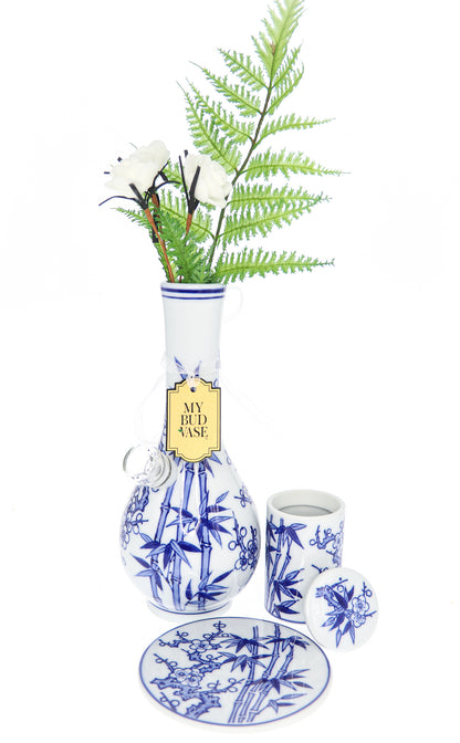 A front view of the “My Bud Vase “Luck” Porcelain Vase Bong” featuring a delicate floral pattern on white porcelain.