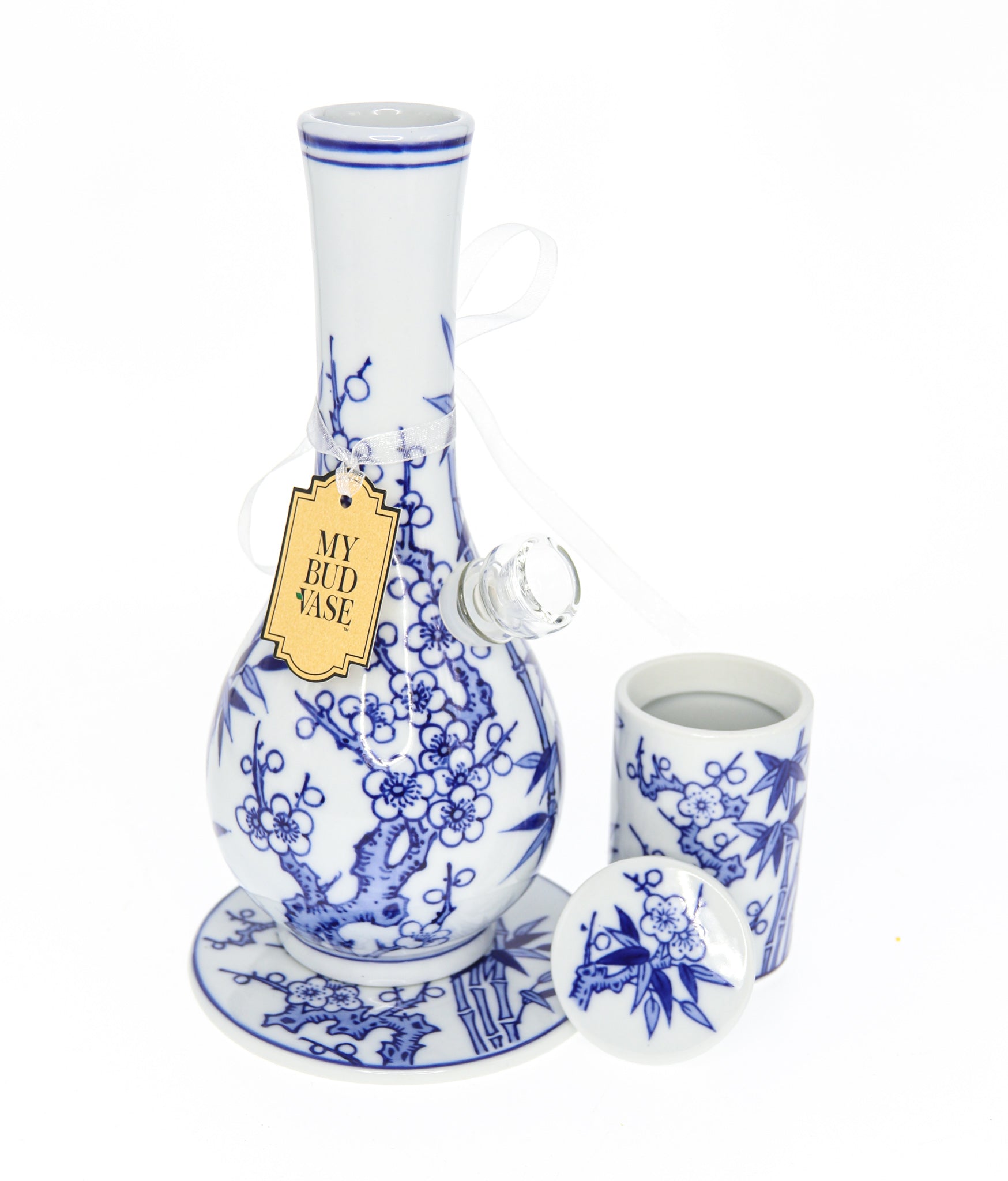 A detailed, angled view of the "My Bud Vase "Luck" Porcelain Vase Bong" featuring intricate floral designs on white porcelain.