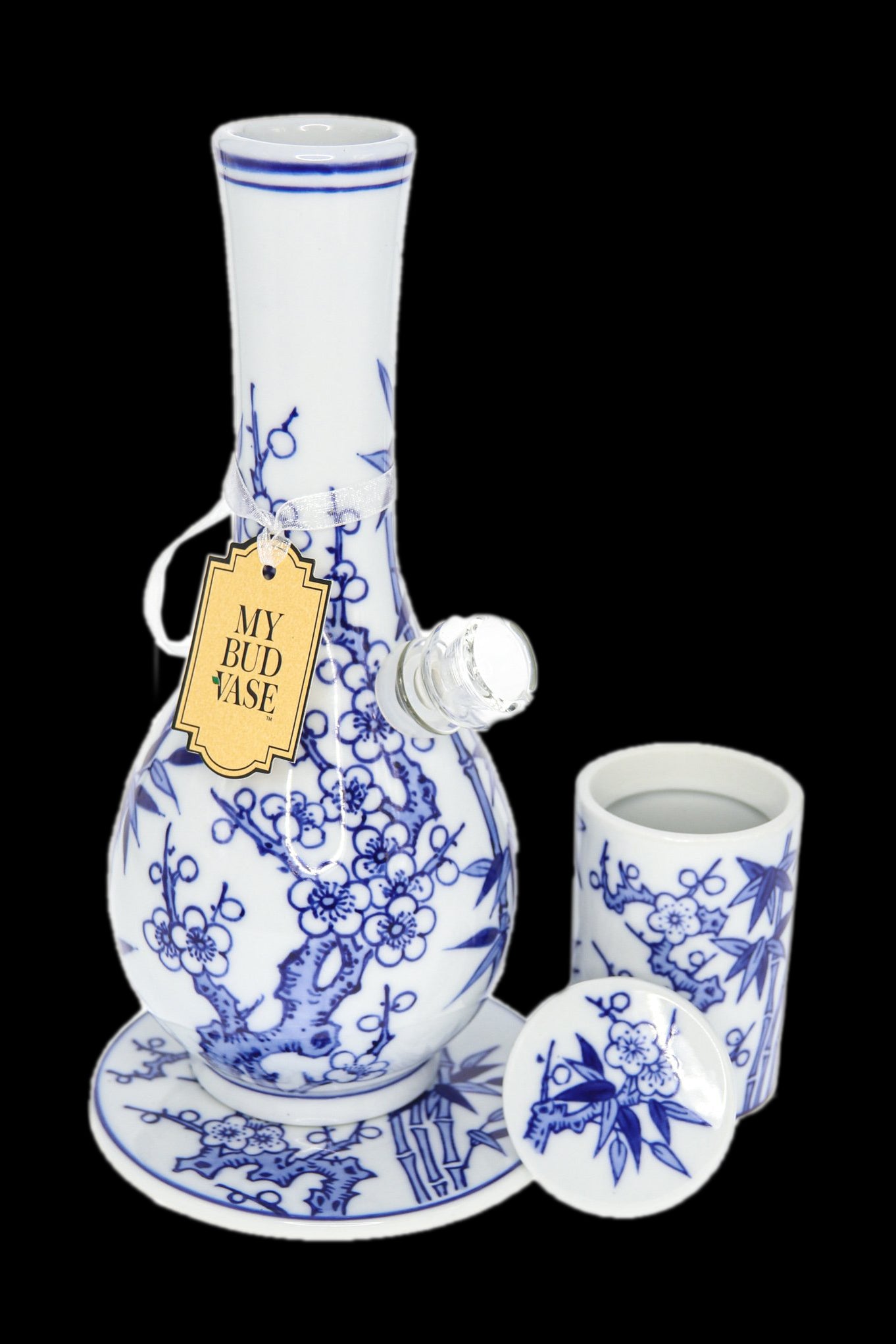 Blue and white porcelain cannabis water pipe ("bubbler") with matching storage jar, tagged "My Bud Vase."