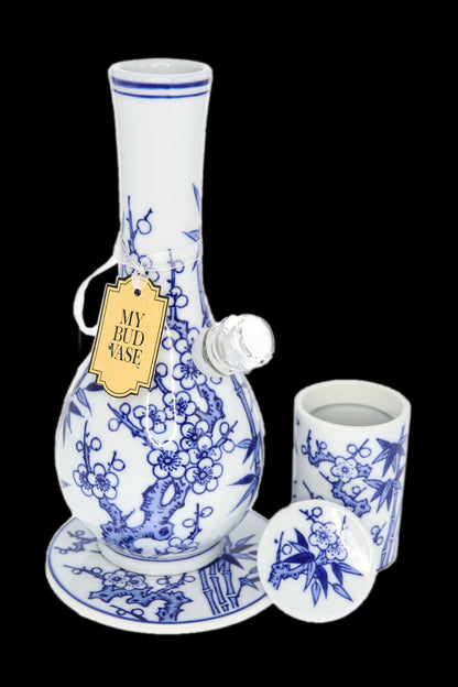 Blue and white porcelain cannabis water pipe ("bubbler") with matching storage jar, tagged "My Bud Vase."