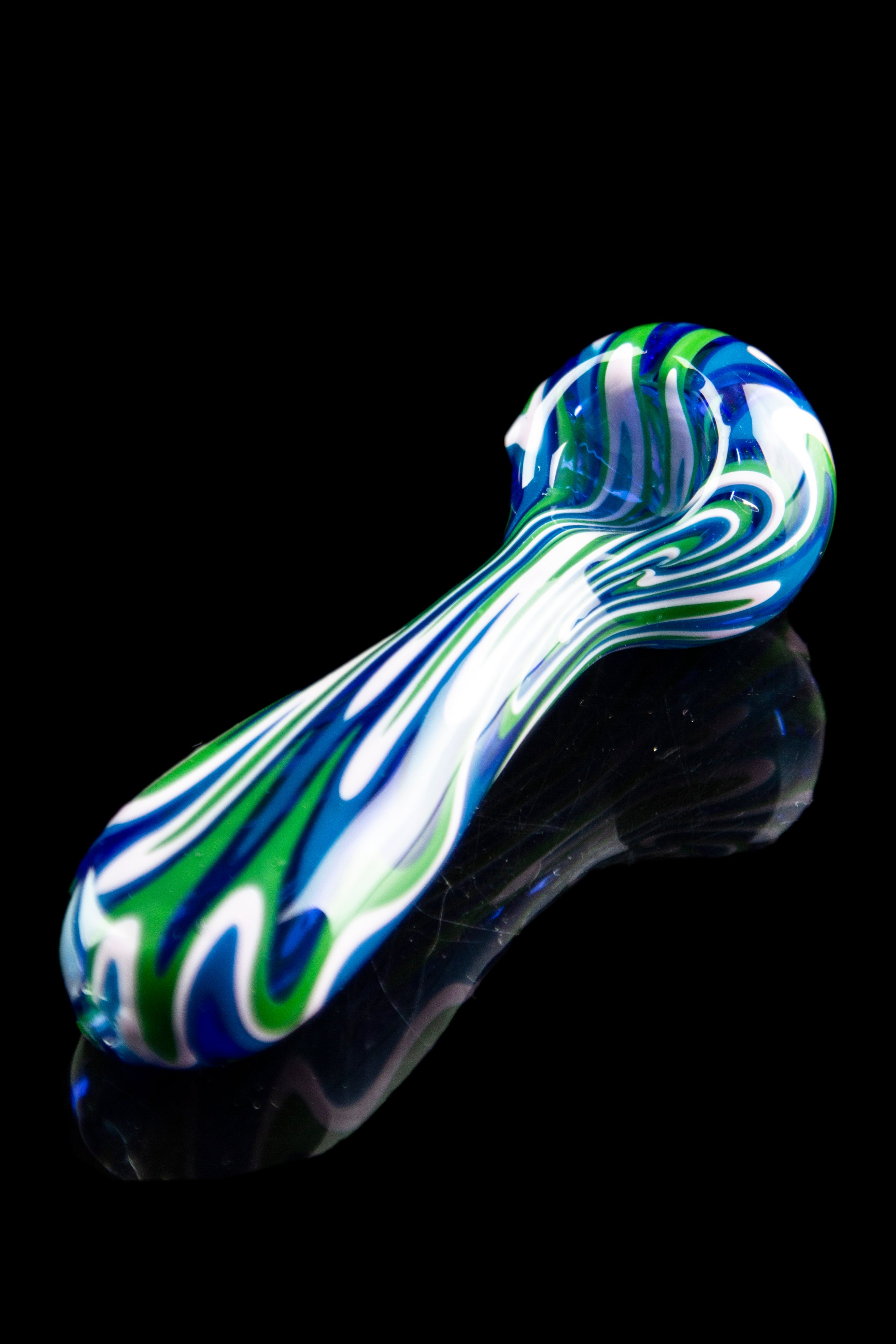 Hand pipe with swirling blue, green, and white glass.