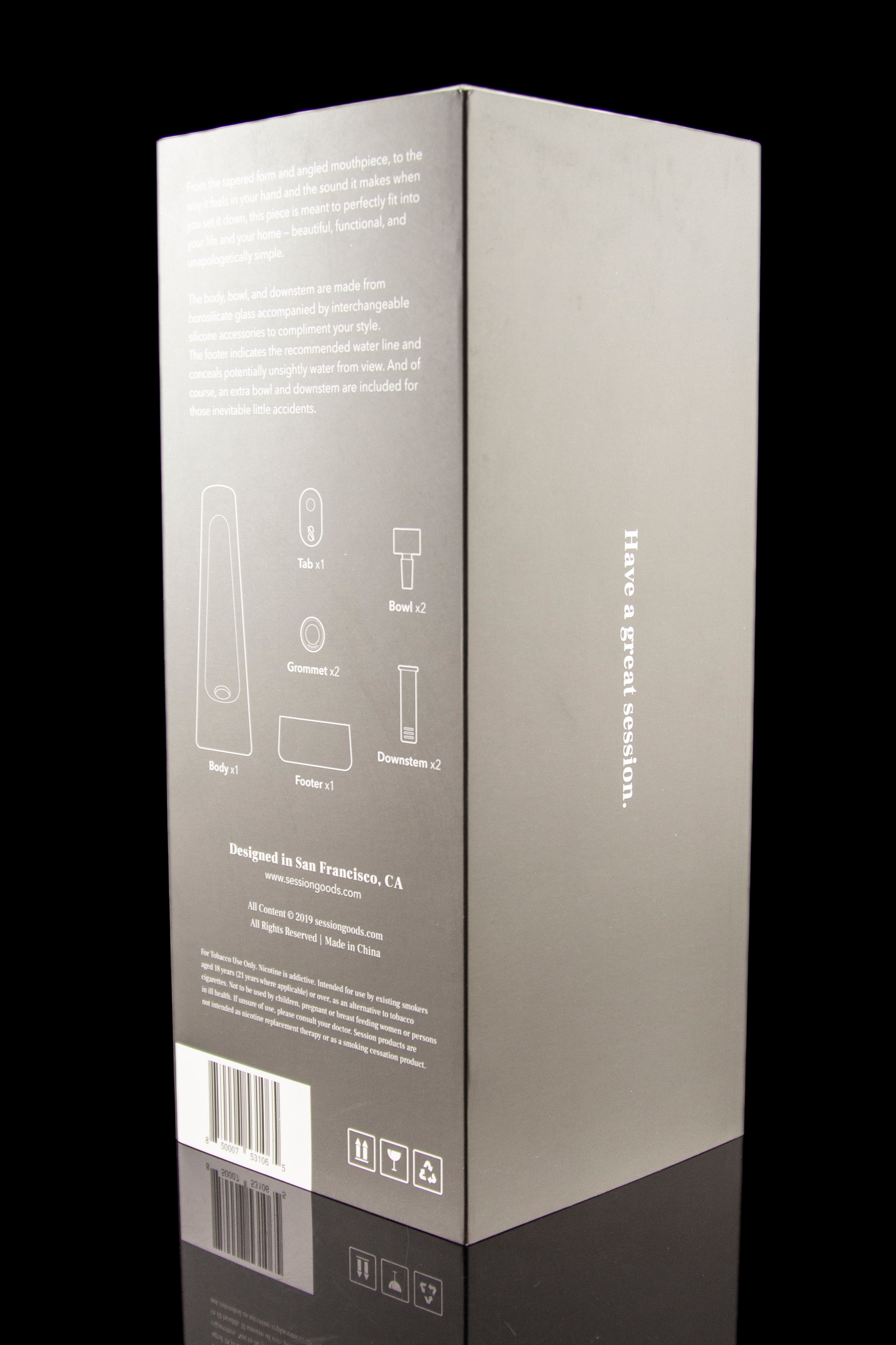 Back of a cannabis water pipe box with diagrams of parts and safety warnings.