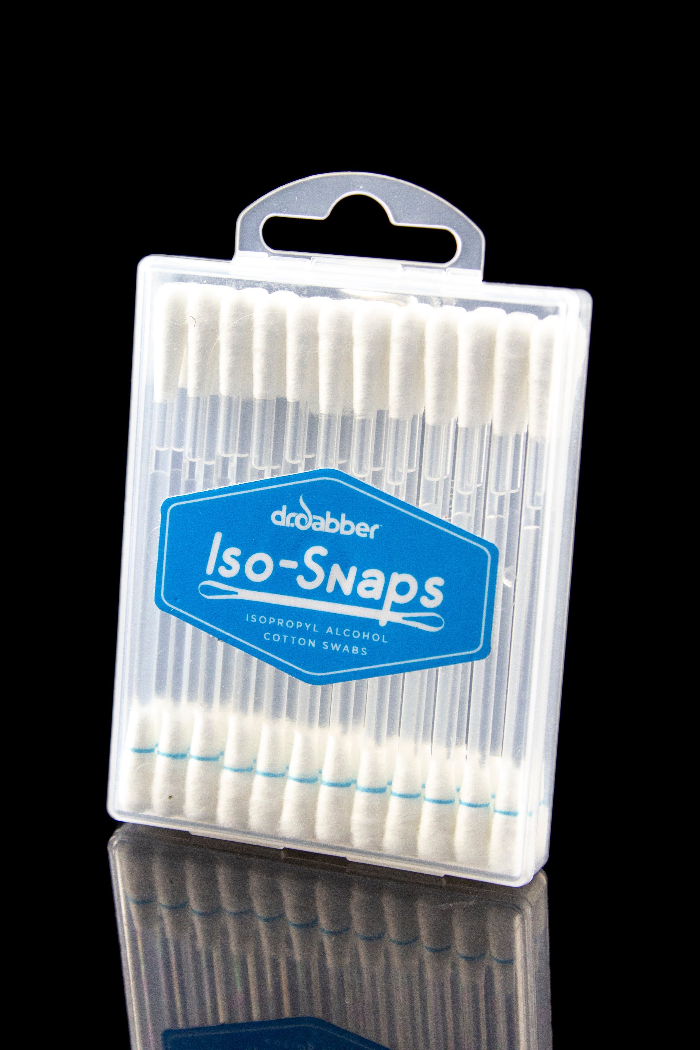 Clear plastic case filled with isopropyl alcohol cotton swabs labeled “Iso-Snaps” with a reflective surface.