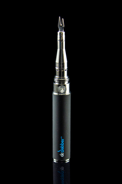 A close-up studio shot of the Dr. Dabber Budder Cutter, showcasing its metallic finish and sleek, pen-like design.