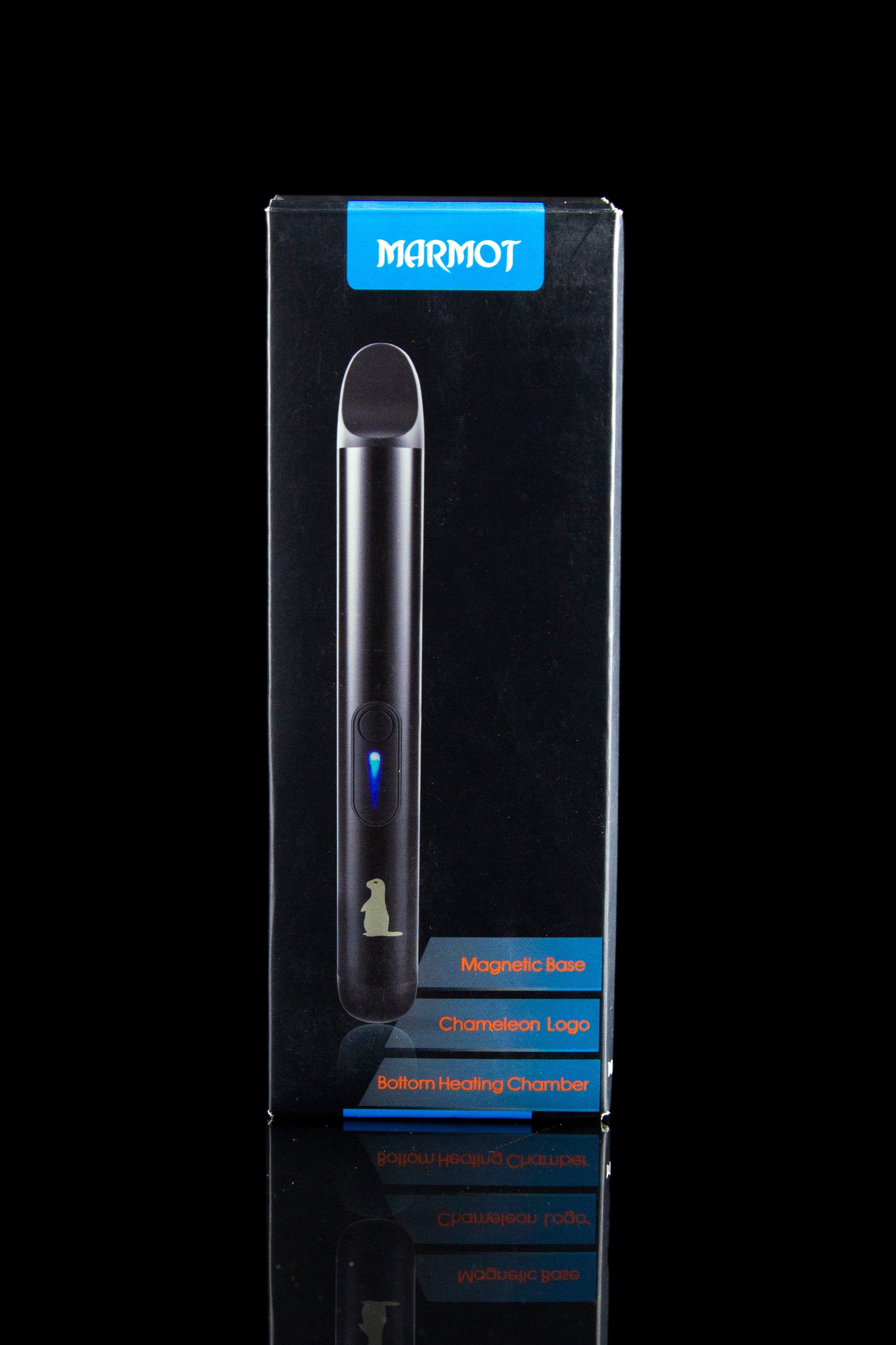 Black cannabis vaporizer pen in a branded box with product features listed.