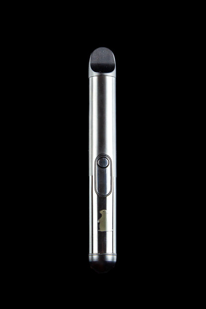Sleek silver cannabis vape pen against a black background.