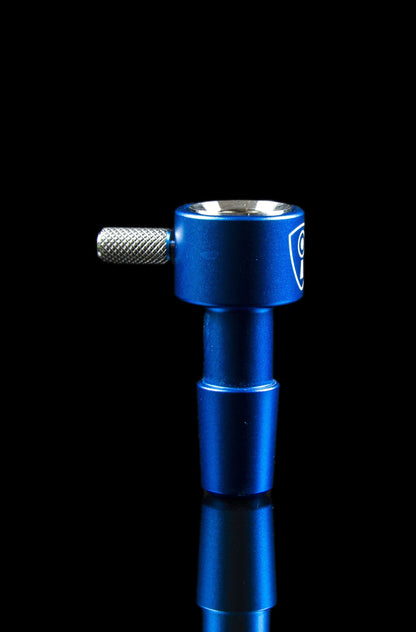 Blue cannabis oil burner with textured control knob, studio shot on black.