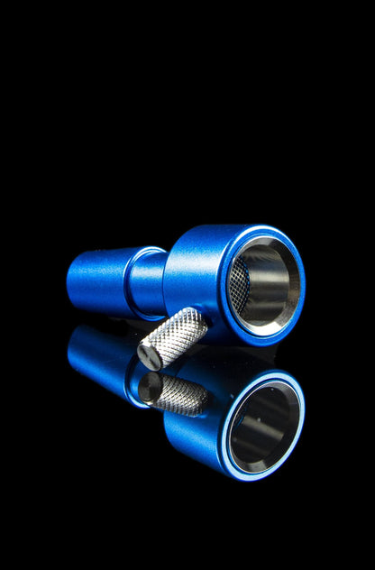 Blue cannabis oil burner with a mesh screen and reflective surface.