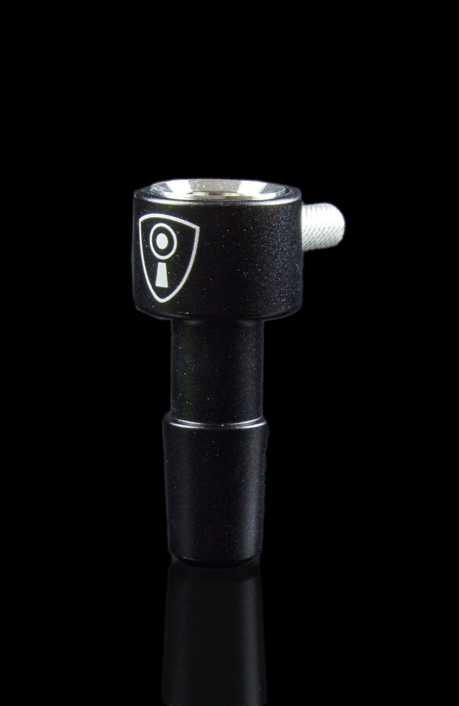 Black glass cannabis bowl with a shield-shaped logo.