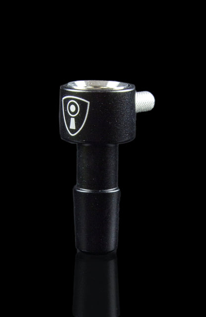 Black glass cannabis bowl with a shield-shaped logo.