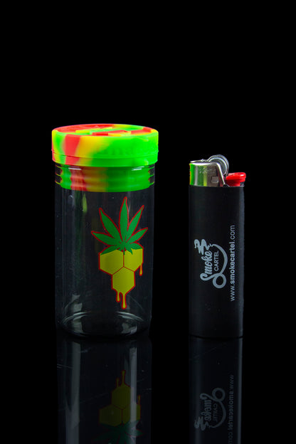 Cannabis-themed butane lighter with a colorful silicone cap.