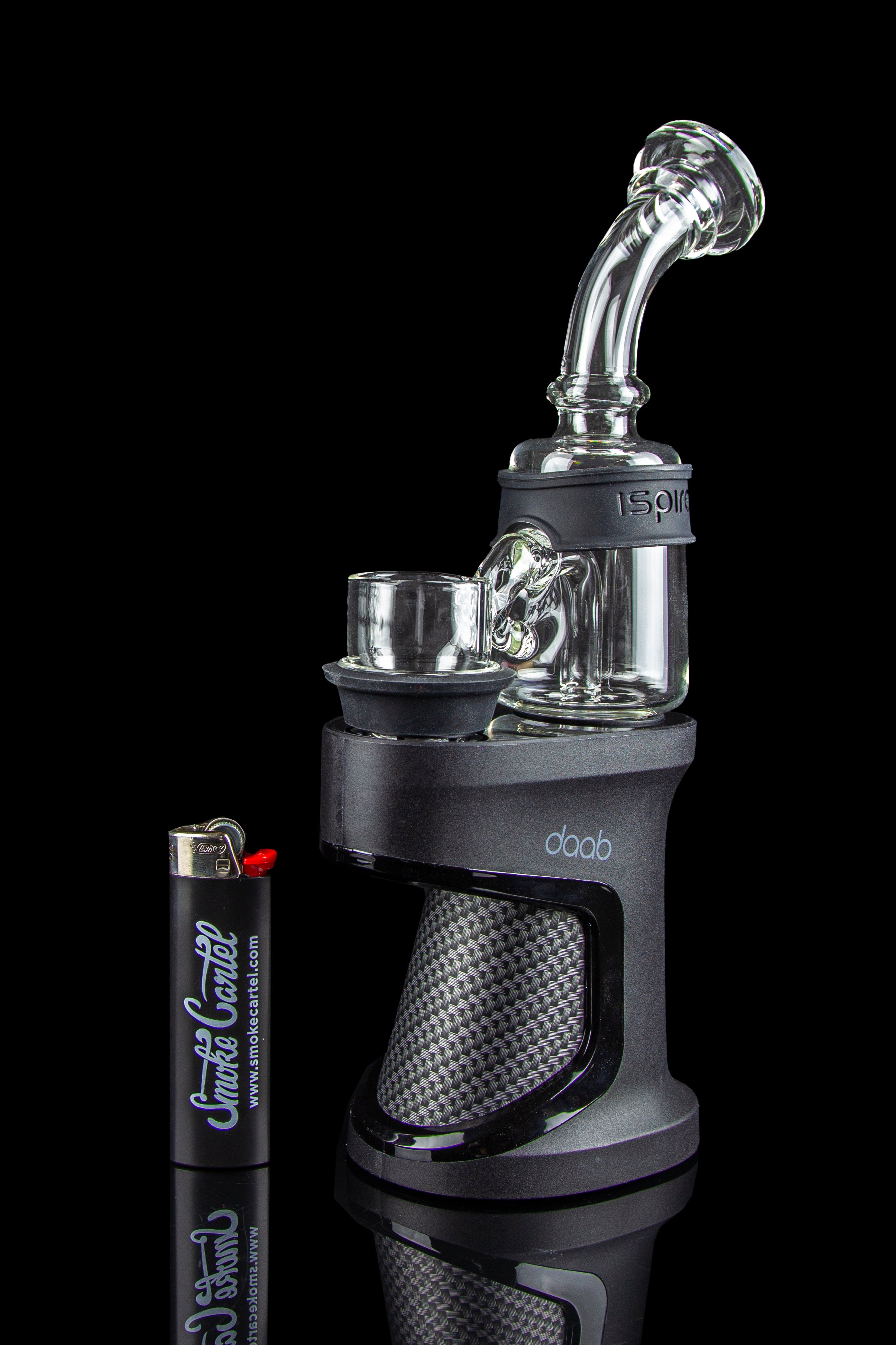 A black DaVinci IQ2 vaporizer with a glass water pipe attachment and a branded lighter.