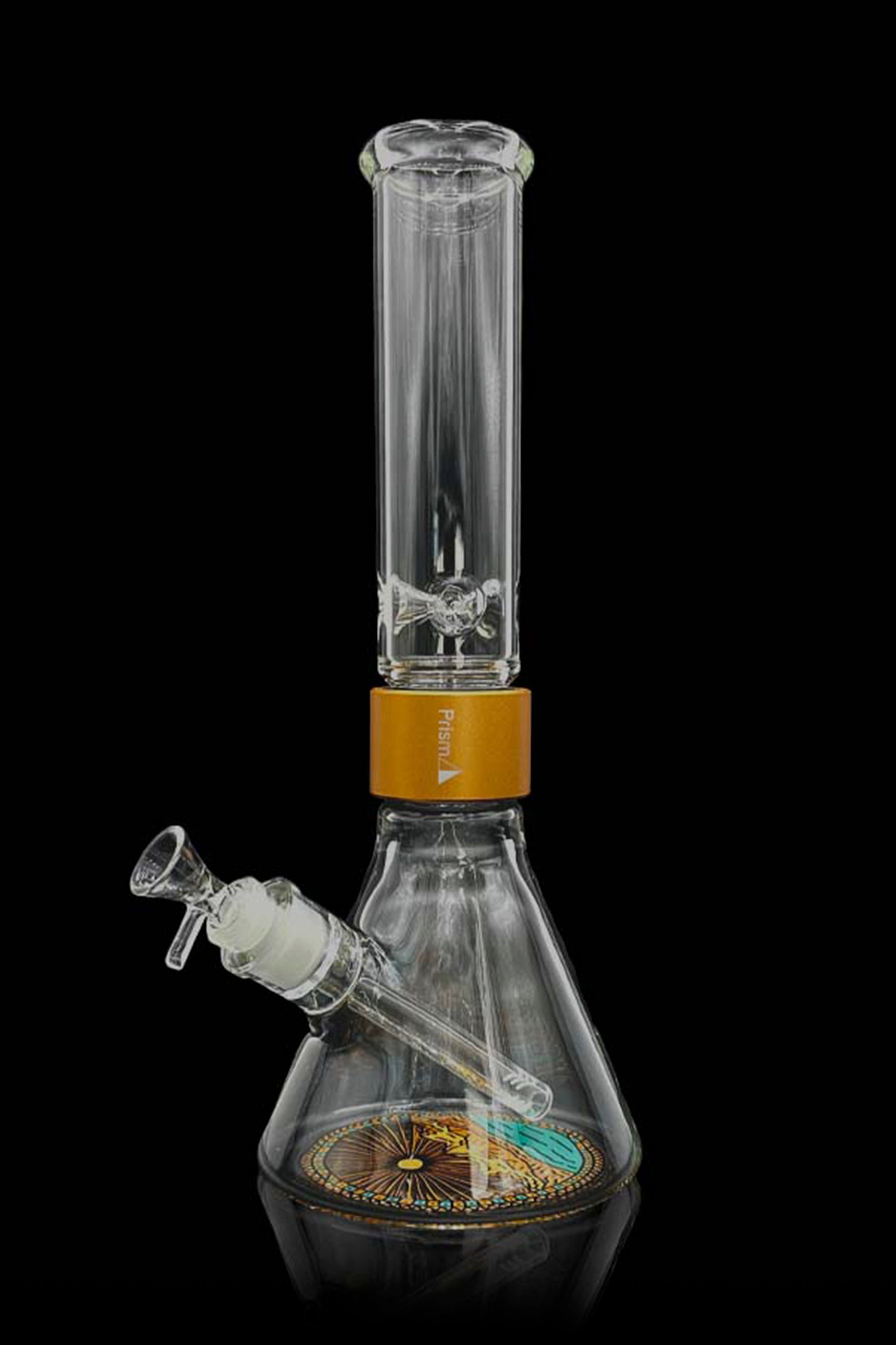 Glass water pipe (bong) with a flared base and intricate percolator, featuring an orange accent band and a clear glass bowl.