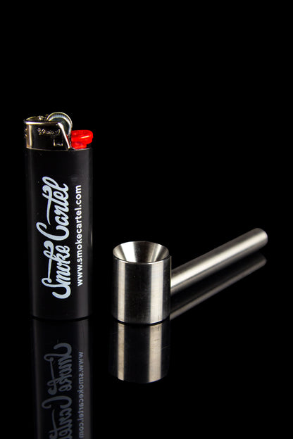 Metal chillum with a lighter, branded with "Smoke Cartel" on a black background.