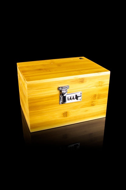 Wooden cannabis storage box with combination lock.