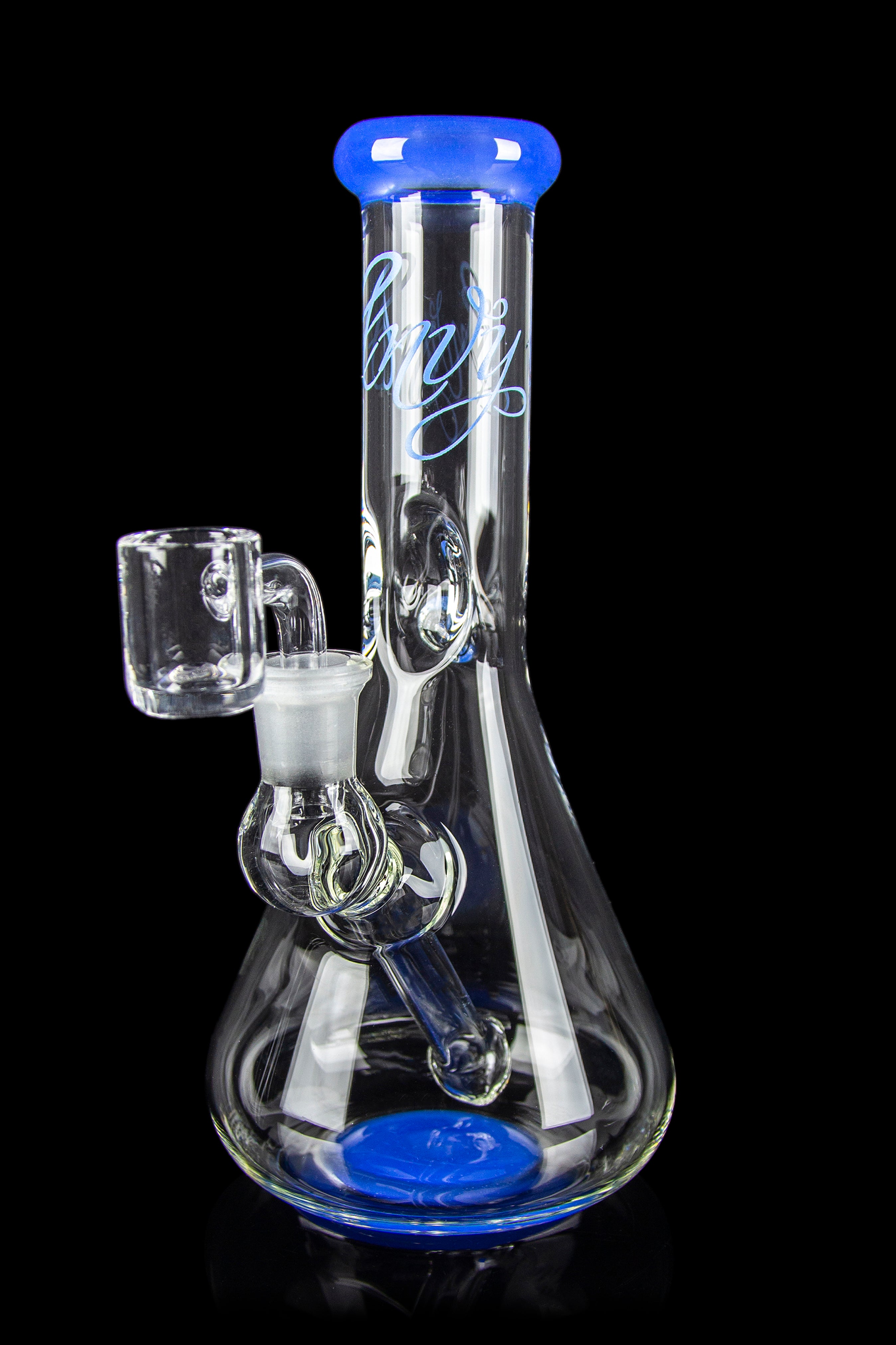 Clear glass bong with blue accents and a glass bowl, isolated on a black background.