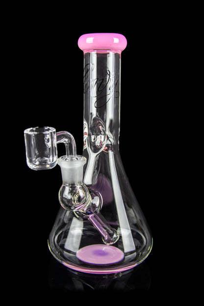 Clear glass bong with pink accents and intricate internal perculation, featuring a glass bowl and downstem.
