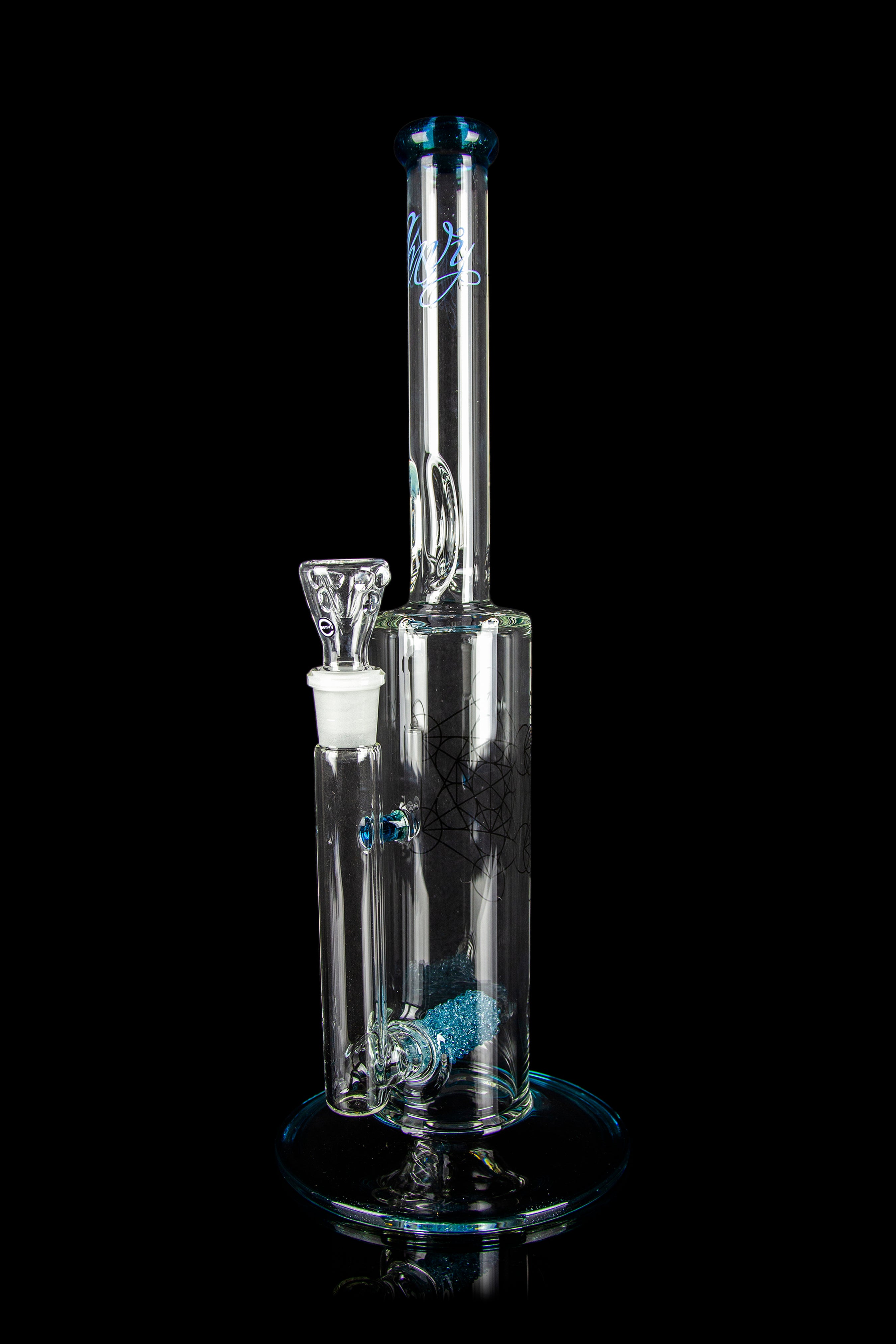 Glass cannabis water pipe (bong) with blue accents and intricate design, isolated on a black background.