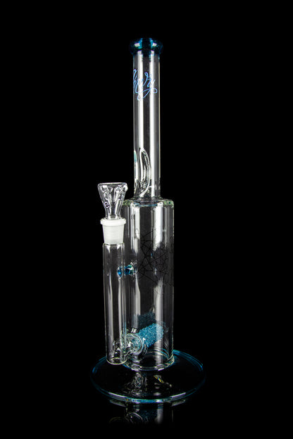 Glass cannabis water pipe (bong) with blue accents and intricate design, isolated on a black background.