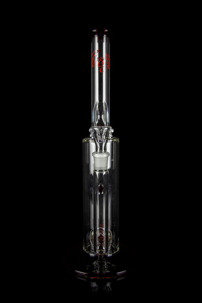 Glass cannabis water pipe (rig) with intricate striped design and visible bowl, isolated on black.