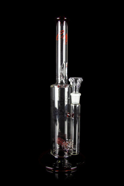 Clear glass water pipe (bong) with red accents and intricate web-like designs, studio shot on black background.