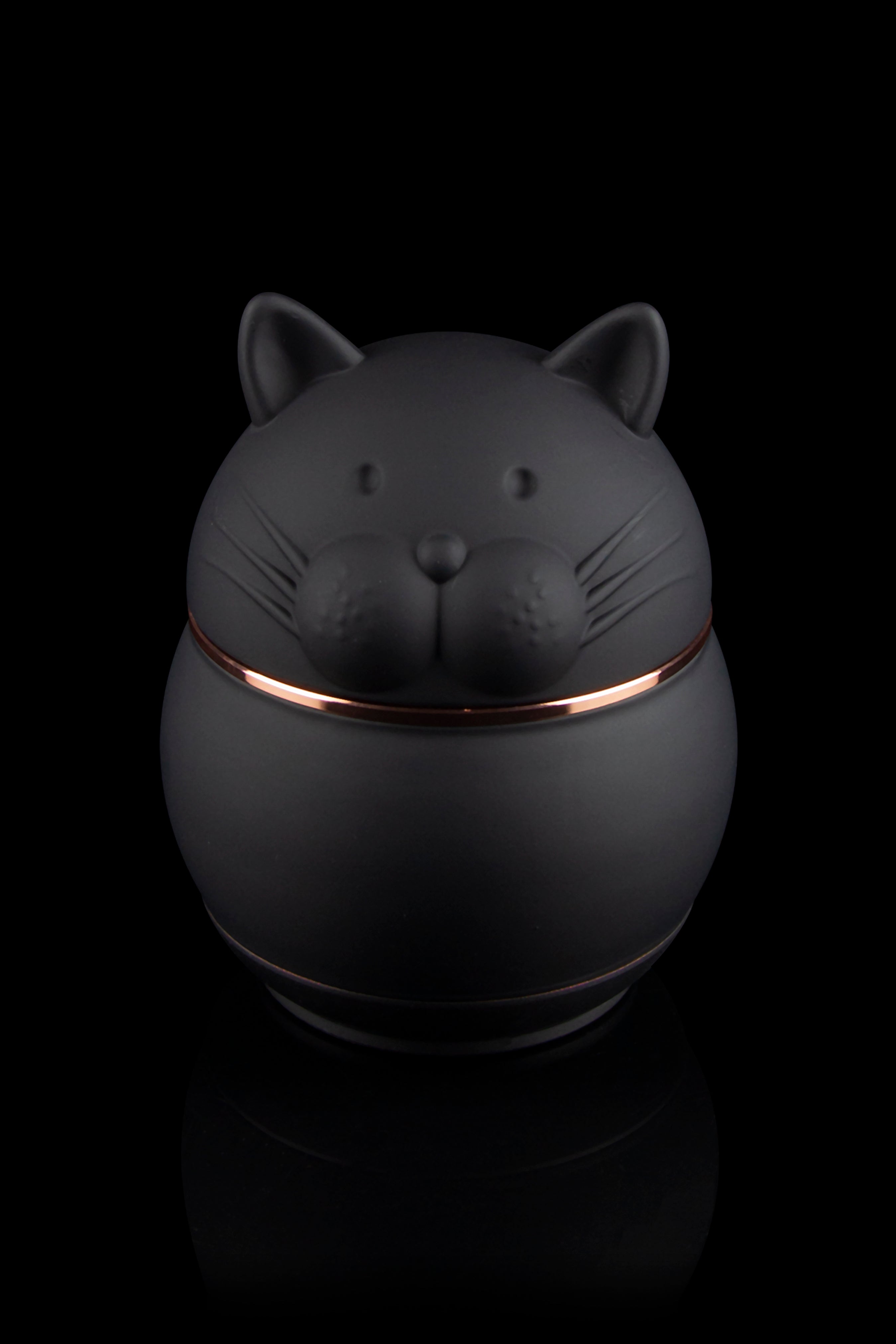 Black cat-shaped stash jar with copper trim, isolated on a black background.