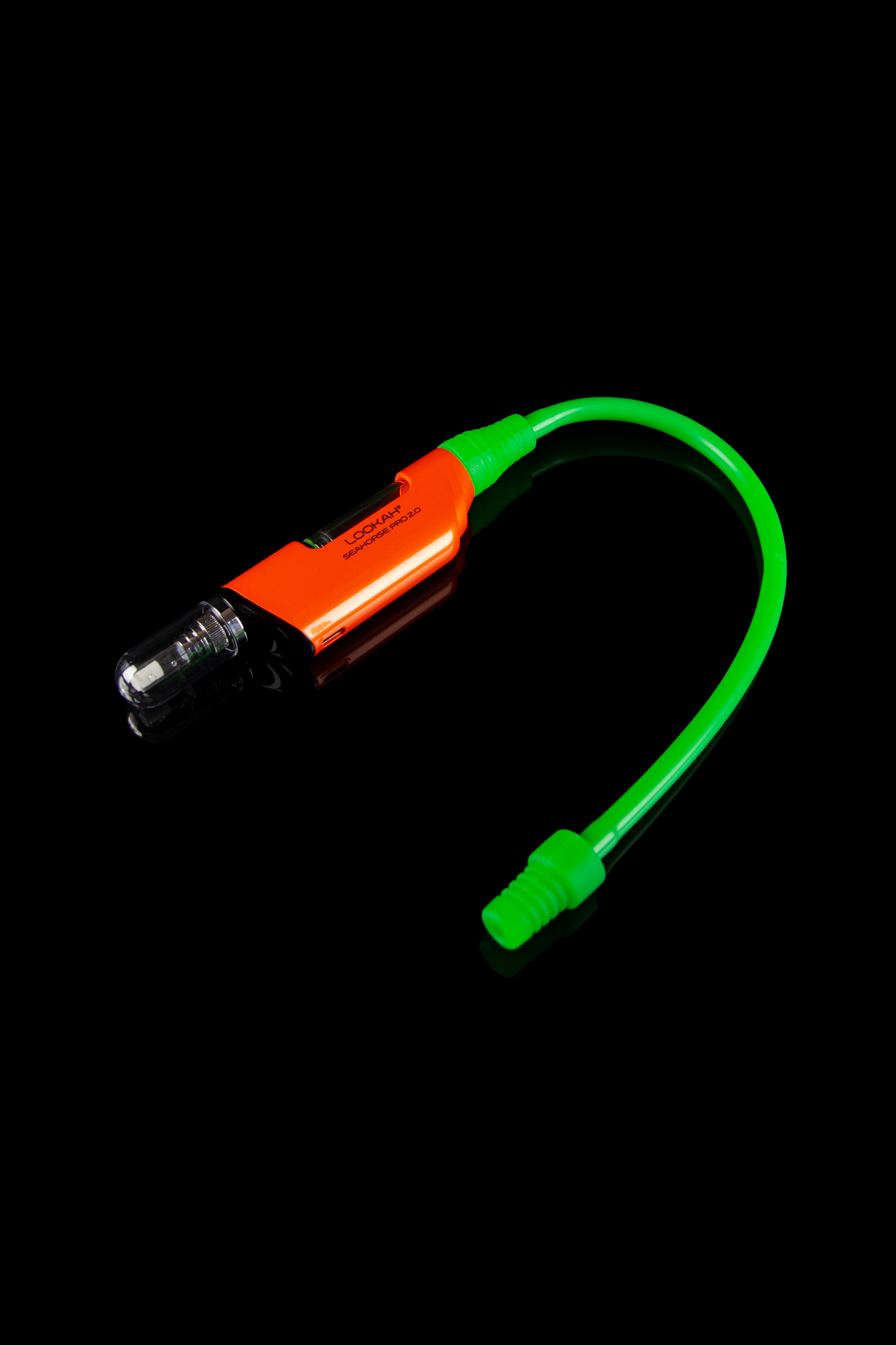 Orange and green silicone nectar collector with glass tip.