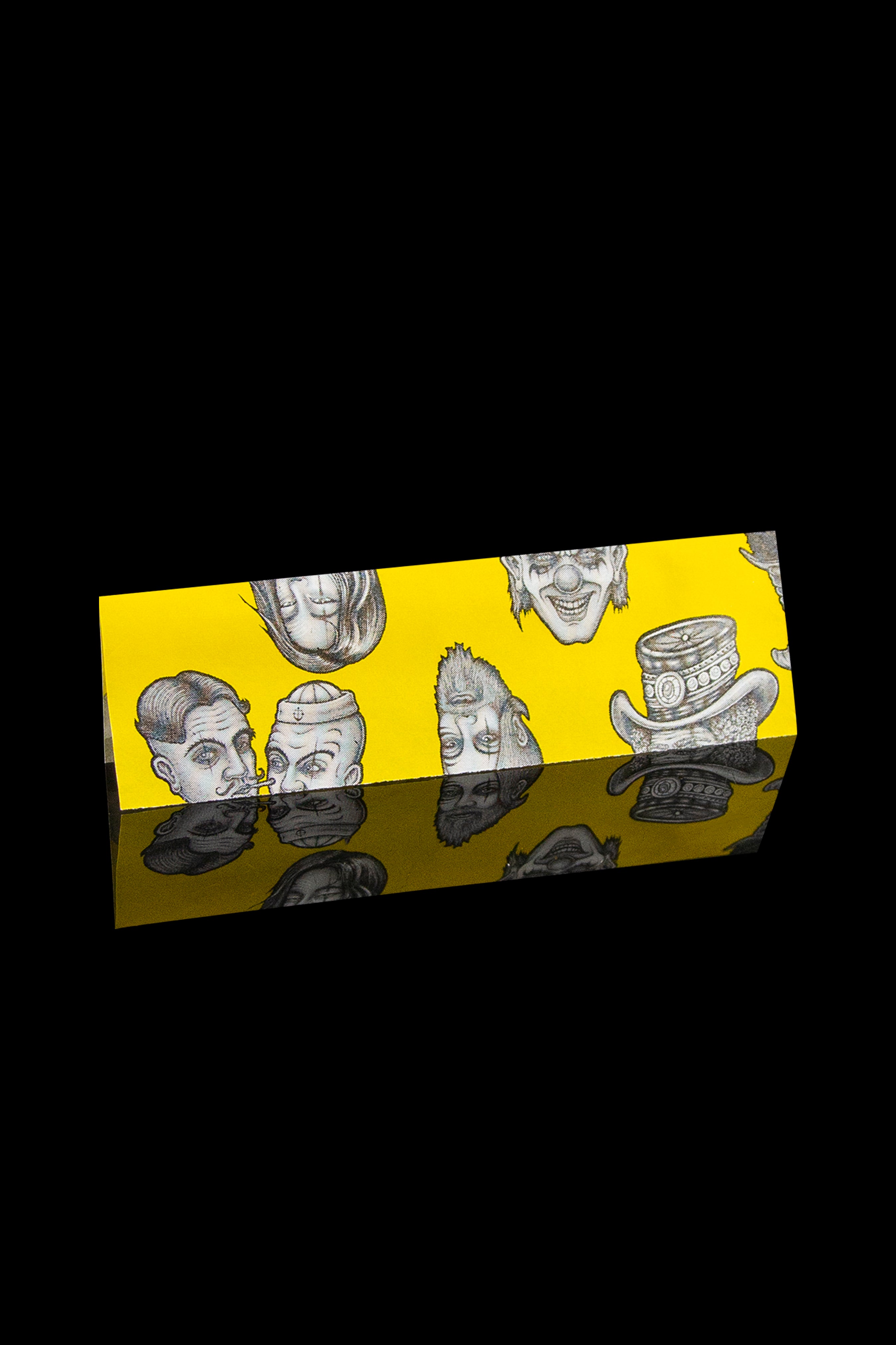 A digitally altered image of cartoonish faces floating above mirrored reflections, with cannabis accessories like jars and a pipe interspersed among them on a yellow background.