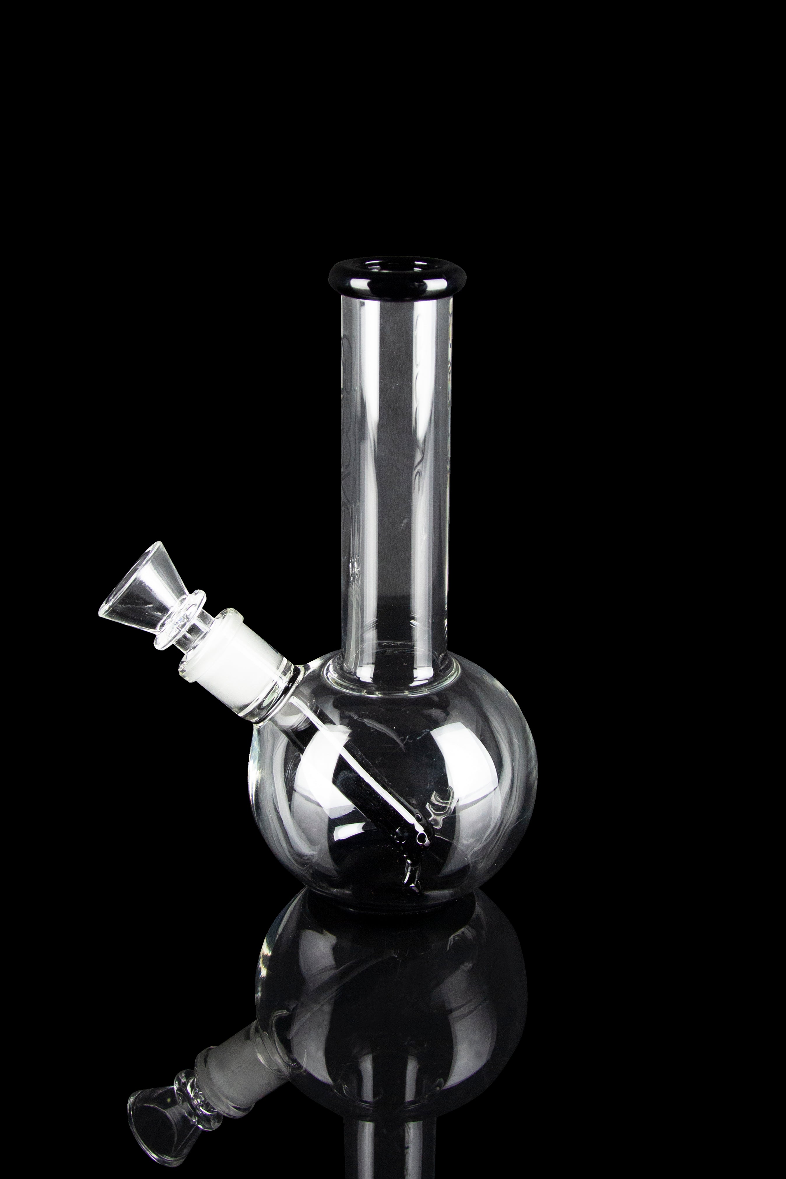 Clear glass bubbler water pipe with a flared mouthpiece, isolated on black.