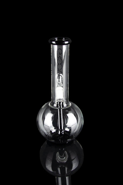 Clear glass bubbler water pipe with a bowl, isolated on a black background.