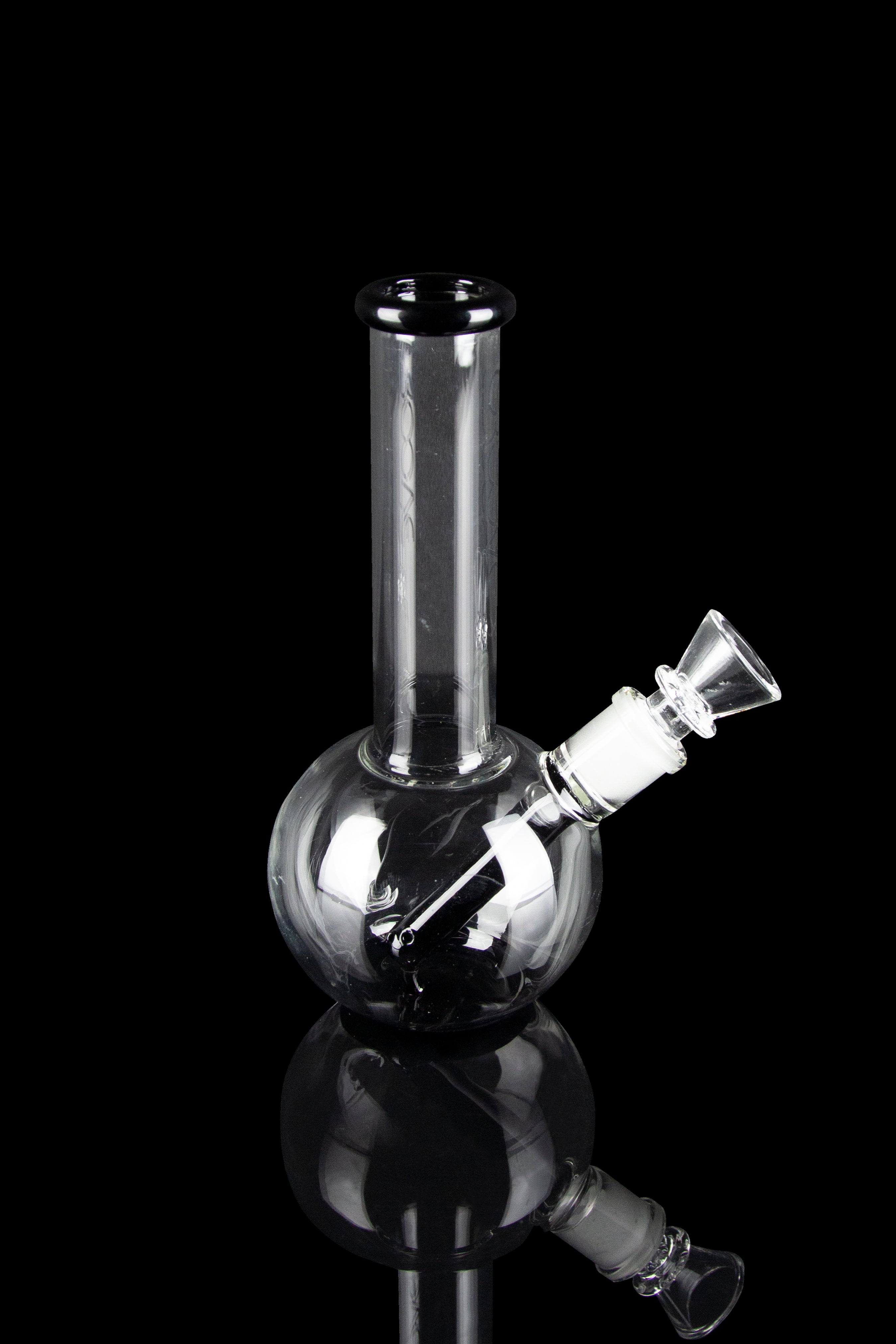 Clear glass bubbler water pipe with a flared mouthpiece, isolated on black.