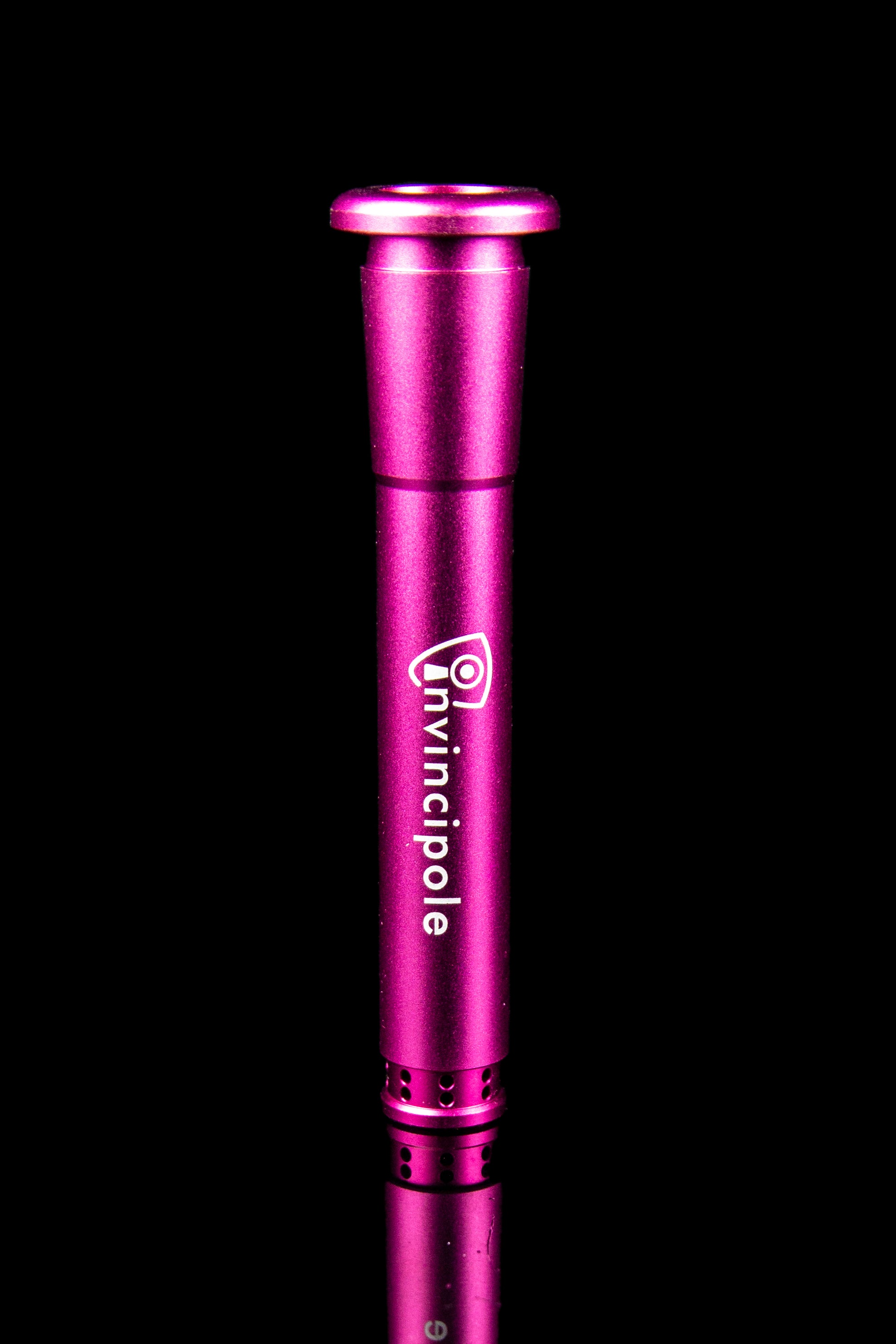 Close-up of a pink “Invincipole” smoking accessory, resembling a telescoping metal tube.