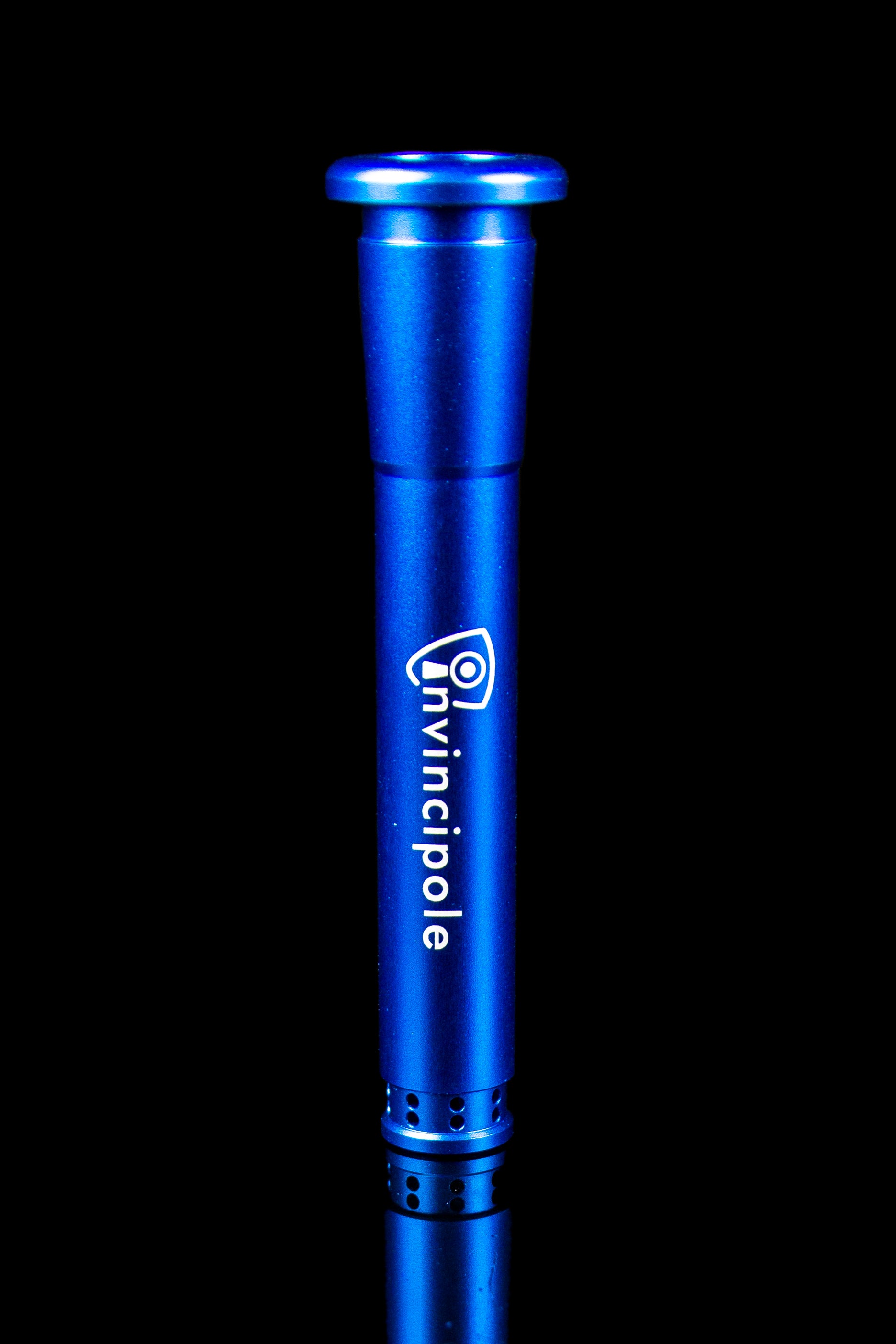 Blue metal pipe for dabbing cannabis, branded “Invincipole.”