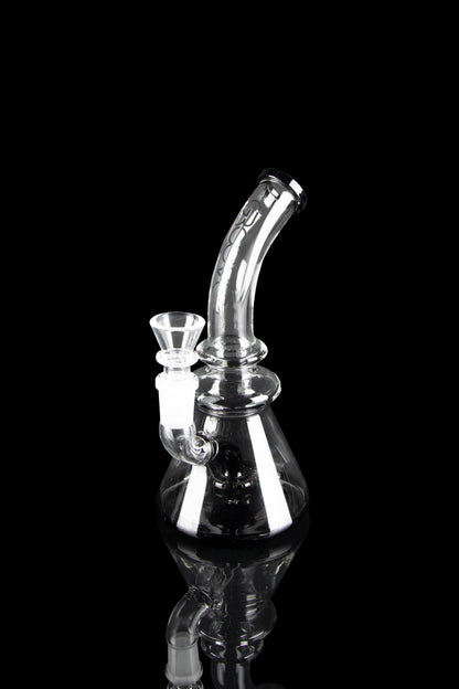 Clear glass water pipe (bong) with intricate curves and a glass bowl, isolated on a black background.