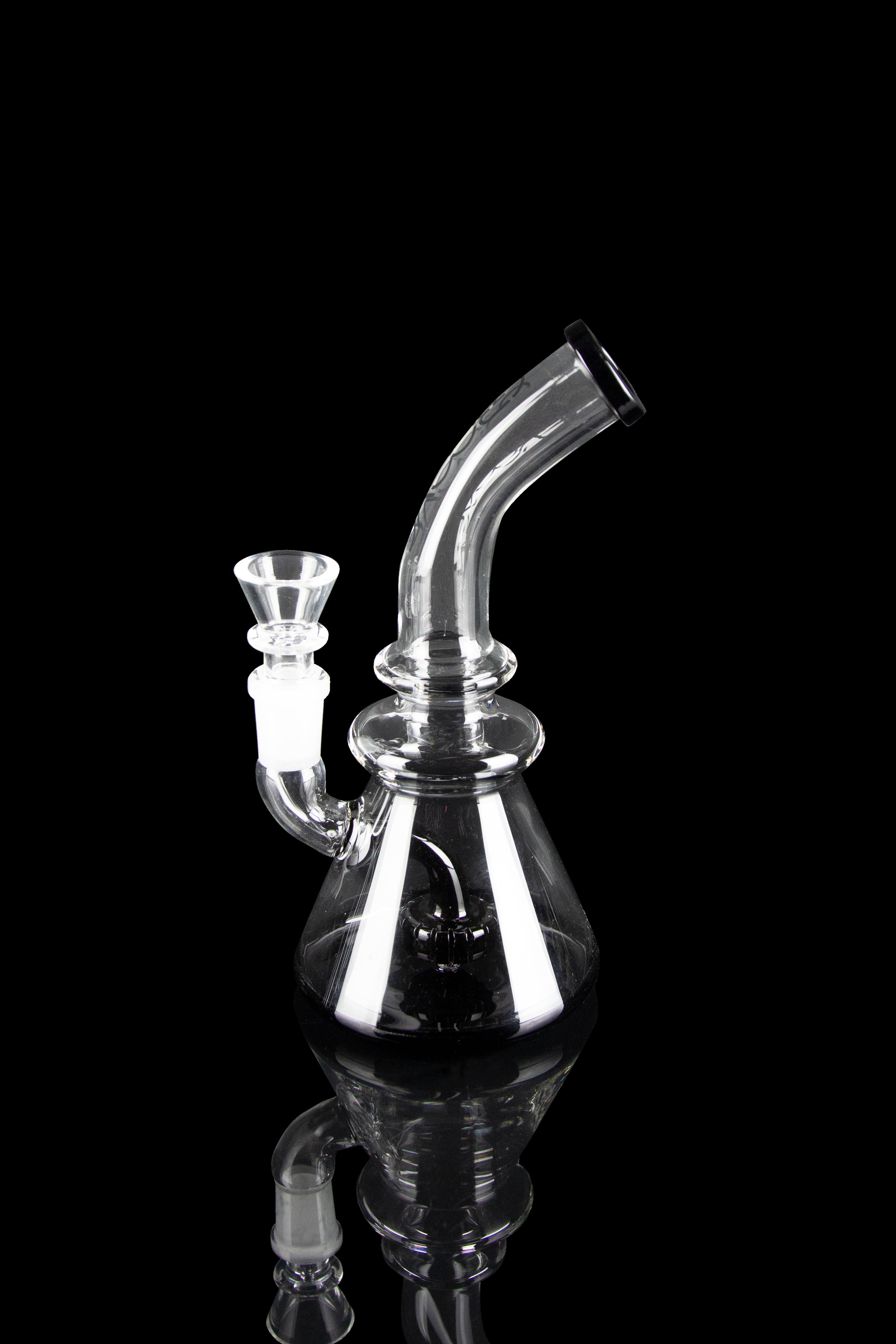 Clear glass water pipe (bubbler) with a flared base and bent neck, isolated on a black background.