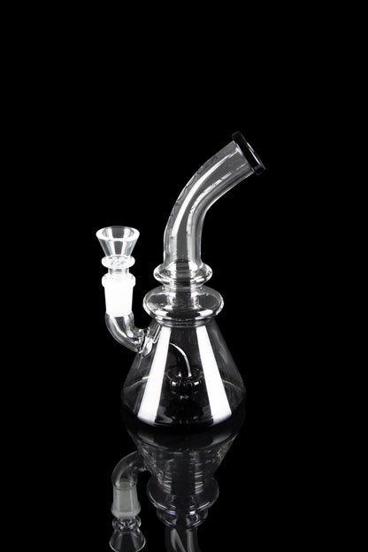 Clear glass water pipe (bubbler) with a flared base and bent neck, isolated on a black background.