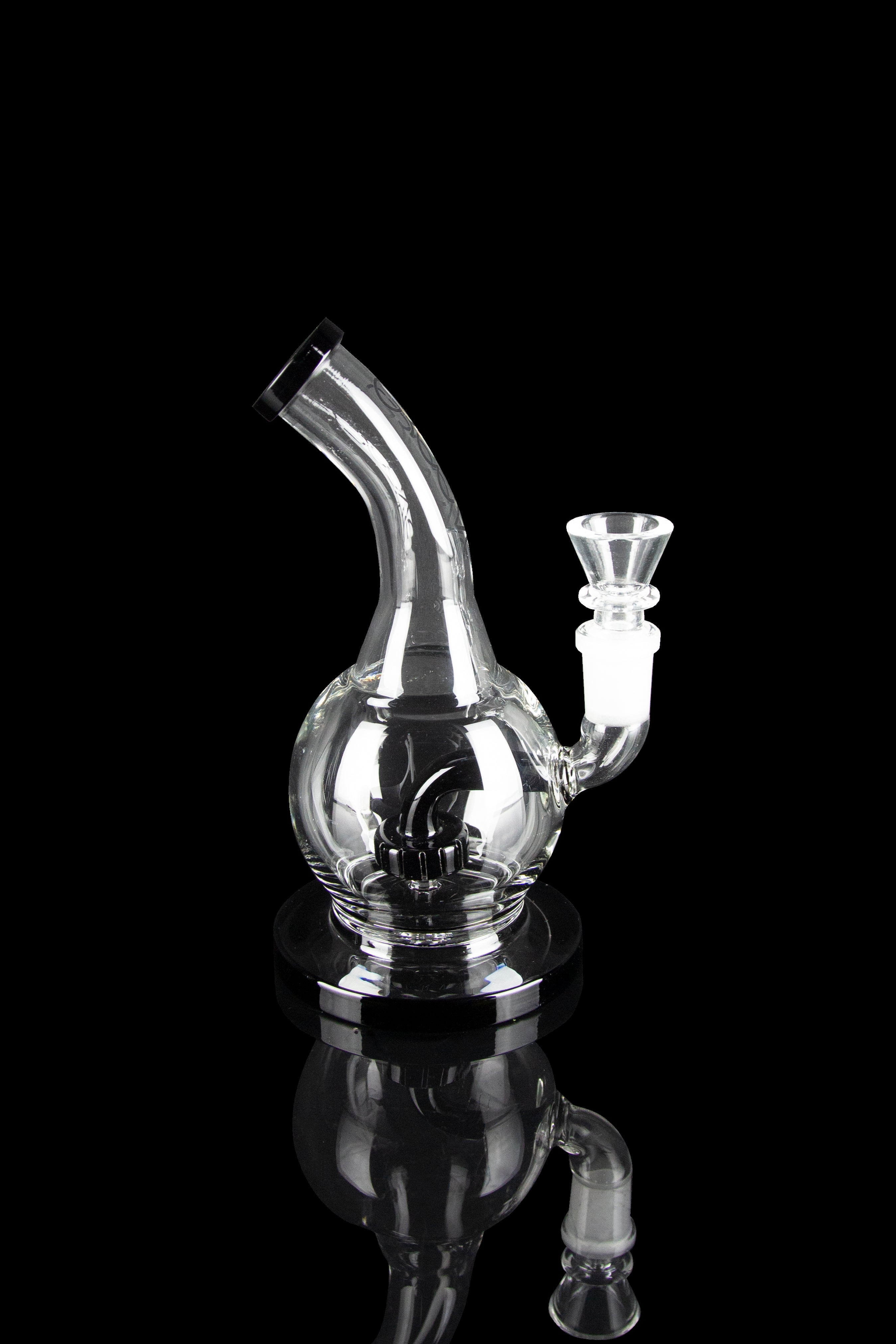 Clear glass rig with bubbler and bowl, isolated on black.