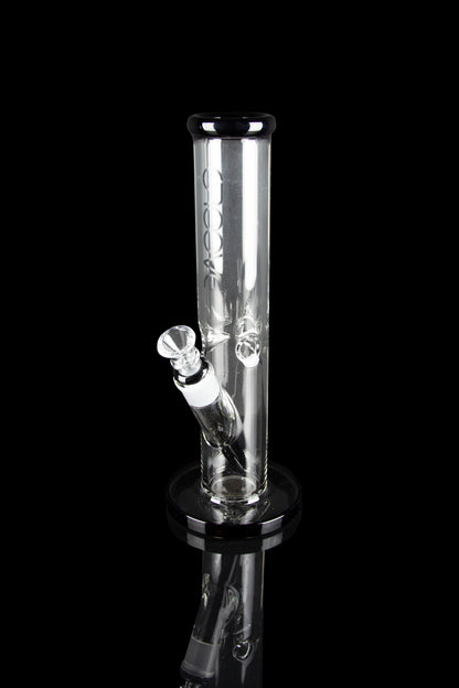 Clear glass water pipe (bong) with ice catcher, studio shot on black.