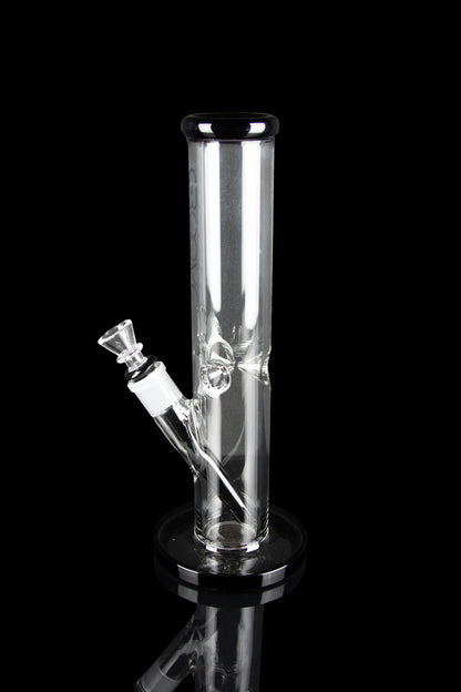 Clear glass bong with ice catch and removable downstem, studio shot on black.