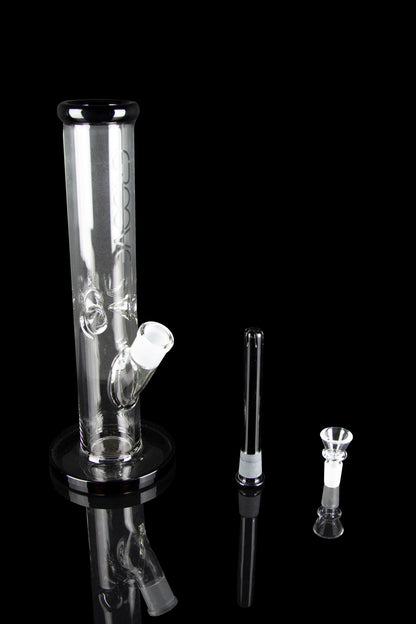 Glass bong with diffuser downstem and bowl, studio shot on black reflective surface.