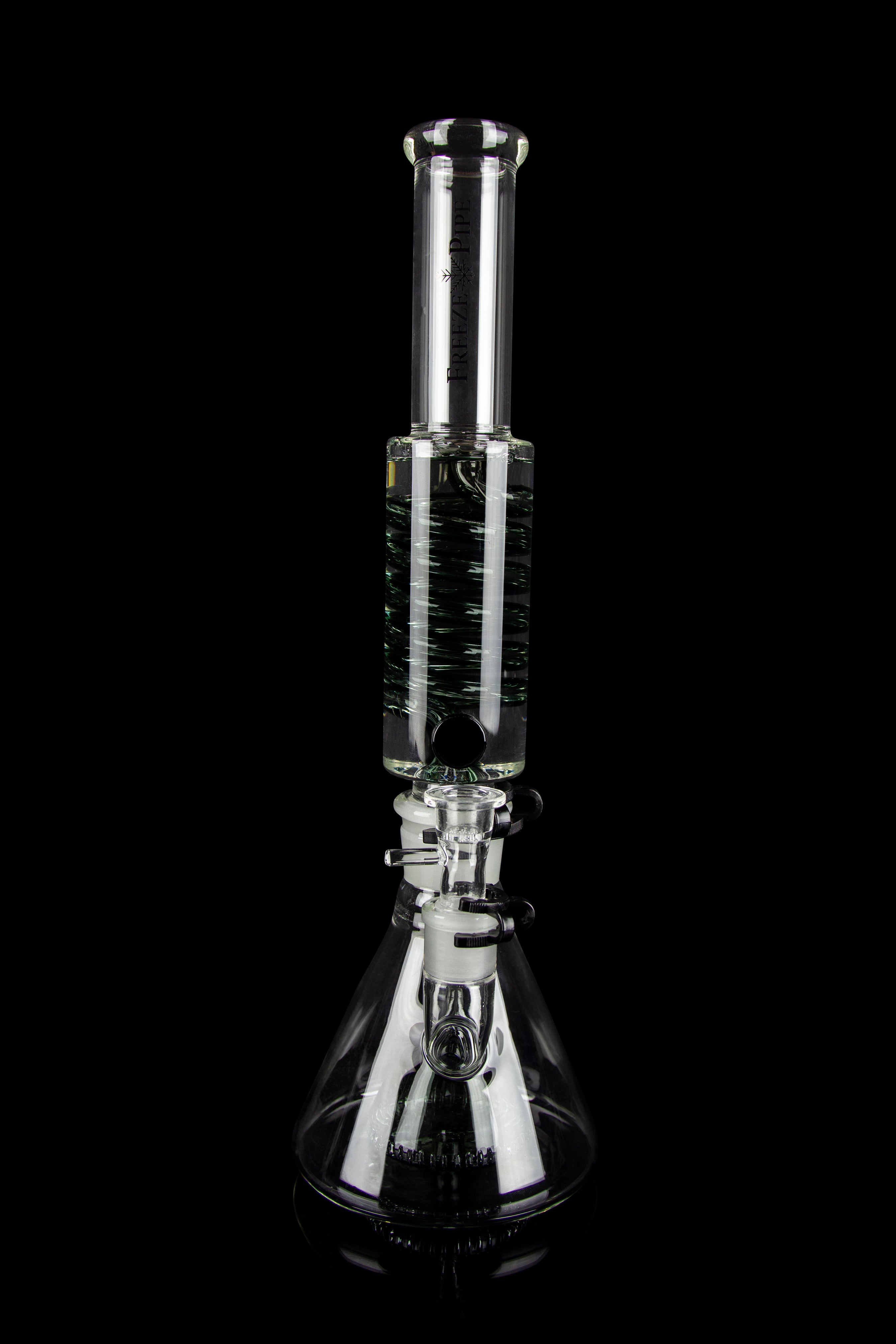 Clear glass water pipe (bong) with intricate percolator design, isolated on a black background.