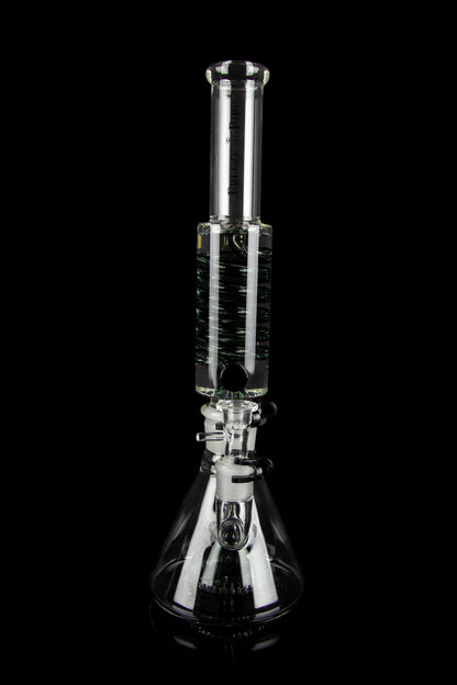 Clear glass water pipe (bong) with intricate percolator design, isolated on a black background.