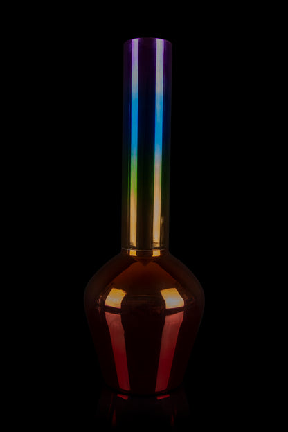 A colorful glass bong against a black background.