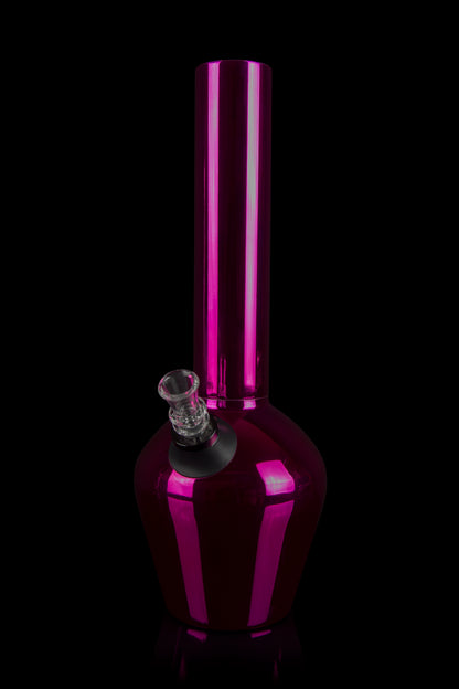 Pink glass water pipe (bong) against a black background.